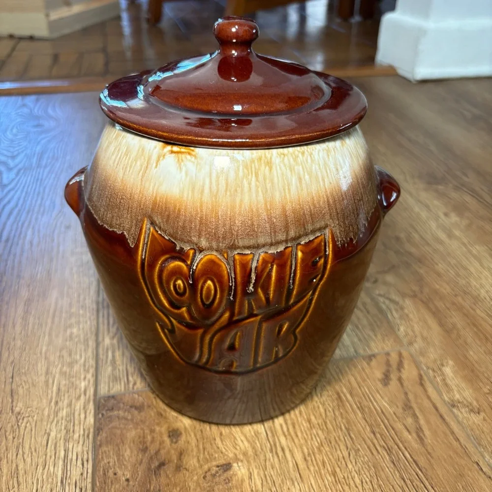 Vintage 70s McCoy Brown Drip Glaze‎ Cookie Jar USA Pottery 7024 MCM Retro Boho
